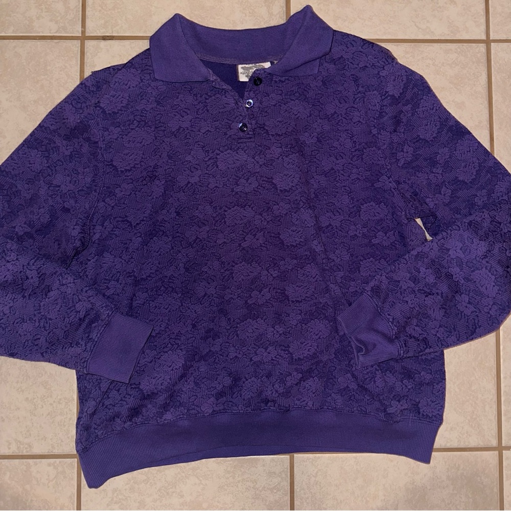 Alfred Dunner, Purple Flower Textured Longsleeve Collared Shirt, Size Large
